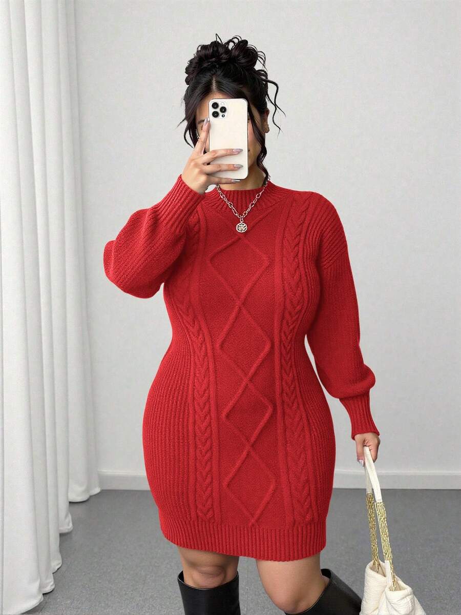Elenzga Christmas Plus Size Solid Color Round Neck Drop Shoulder Long Sleeve Fitted Fashionable Knit Sweater Dress