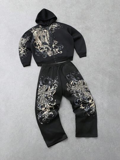Men's Gothic Hooded Sweatshirt & Sweatpants Printed Set, Black Tone Classic And Elegant, Golden Wings And Floral Print Exquisite And Luxurious, Fall Clothes