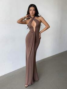 Glamine Váy maxi xếp nếp hở lưng cổ chữ V màu nâu, váy dự tiệc, váy câu lạc bộ, váy hẹn hò đêm, váy, trang phục dạo phố, váy thu đông, váy Halloween, váy sang trọng, váy dạ hội, váy rave, váy sinh nhật nữ, trang phục dự tiệc phải có - Cà phê - Xem 5