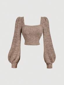 SHEIN MOD 大码咖啡棕色休闲方领泡泡袖T恤女秋冬秋季衣服女上衣长袖女冬季上衣 - 咖啡棕 - 查看 1