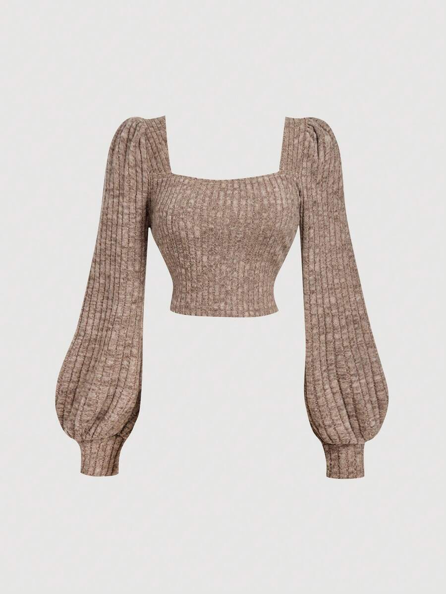 SHEIN MOD 大码咖啡棕色休闲方领泡泡袖T恤女秋冬秋季衣服女上衣长袖女冬季上衣 - 咖啡棕 - 查看 1