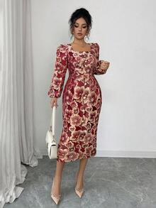 Lyxana Đầm midi cổ vuông tay dài thắt eo chất liệu jacquard kim loại thanh lịch cổ điển có nút ngọc trai, thiết kế xẻ tà, phong cách Pháp sang trọng - Màu Đỏ Sâu - Xem 5