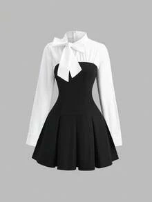 Sweetra Women's Elegant Dress With Contrast Collar, Tie Bow And Pleated Hem, Minimalist Style For Daily Commute, Autumn/Winter - Black and White - View 1