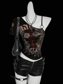 SHEIN ICON Y2k Women's Fall/Winter Goth Gothic Grunge Rock Cross Print Asymmetric Collar Top  Gothic Women Clothes Punk Tops Buckle Top - Multicolor - View 5