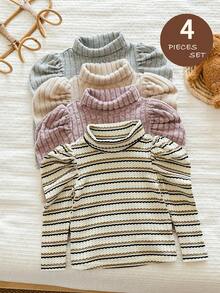 LMoss Kids LMoss 4件套女婴针织纯色条纹羊腿袖休闲上衣套装，长袖上衣，长袖，舒适秋冬款式
