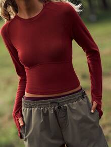 Medorelle ملابس علوية نسائية بياقة مستديرة وأكمام طويلة وتصميم لاصق، مناسبة لعيد الميلاد - الأحمر - مشاهدة 3