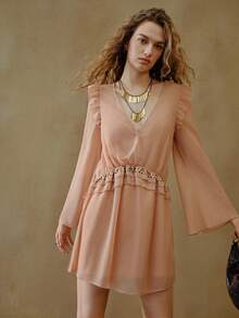 MOTF STUDIO 优雅荷叶边铆钉波西米亚风轻盈迷你连衣裙 - 珊瑚粉 - 查看 7