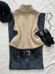 Elamini Women's Casual Faux Shearling Minimalist Stand Collar Lightweight Jacket Coat, Autumn/Winter - Khaki - View 2