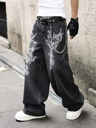 Jeans en denim imprimé, coupe ample, style décontracté de rue pour hommes