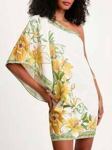CAJUNI فستان قصير كاجوال للنساء بطبعة زهور باللون الأصفر والأخضر على الكتف، مناسب للخروجات والمناسبات الرسمية وحفلات الموسيقى - متعدد الألوان - مشاهدة 3