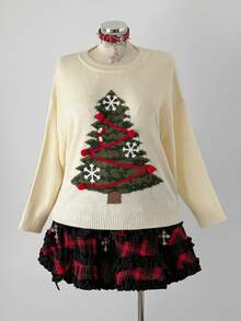 Sunspun Plus Size Women's Cute Casual 3D Christmas Tree Sweater, Pullover, Autumn/Winter - Apricot - View 4