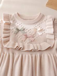 Souflis Souflis 小女孩粉色蝴蝶结针织毛衣裙，可爱荷叶边圆领长袖针织连衣裙 - 米色 - 查看 3