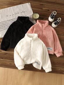 SHEIN 3件套女童纯色立领半拉链抓绒短款卫衣套装，双面抓绒秋冬女童服装，柔软舒适，可爱毛绒立领卫衣，秋冬服装 - 黑色 - 查看 4