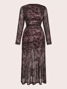 Auralis 渐变色随机印花网眼长袖连衣裙，优雅性感透明度假海滩罩衫，加大码 - 彩色 - 查看 6