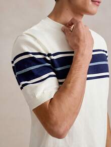 Manfinity Homme Top de punto casual de cuello redondo y manga corta a rayas para hombre - Blanco - Ver 2