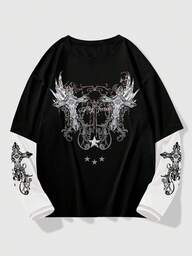 ROMWE MEN Goth Cadılar Bayramı, Okul, Eğlence, Sonbahar, 2000'ler Stili İçin Erkek Haç ve Harf Baskılı Tişört, Uzun Kollu Üst