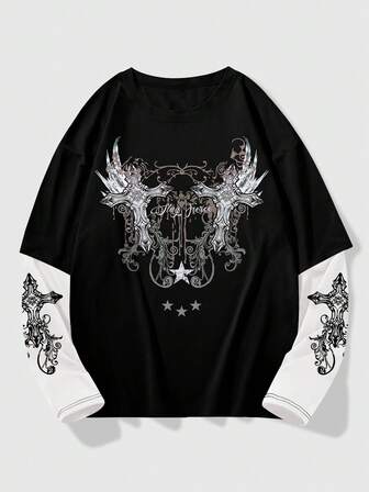 Grunge Punk T-shirt imprimé croix et lettres pour hommes pour Halloween, l'école, les raves, l'automne, style années 2000