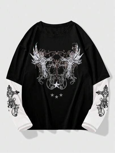 ROMWE MEN Goth Men's Cross & Letter Printed T-Shirt For Halloween, School, Rave, For Fall, 2000s Style, Long Sleeve Top