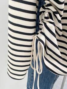 INAWLY 大码女式条纹V领长袖侧抽绳休闲T恤 - 杏色 - 查看 3