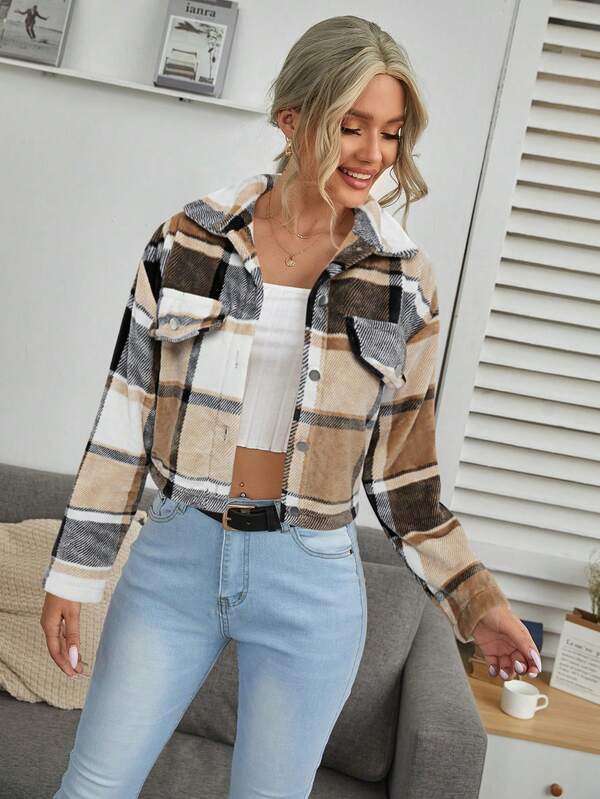 EMERY ROSE Women's Plaid Long Sleeve Single-Breasted Casual Jacket, Autumn