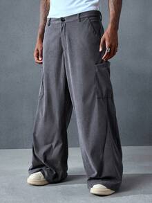 ROMWE MEN Casual Quần dài nam dáng rộng thiết kế túi màu trơn đơn giản - Nhiều màu - Xem 4