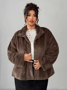 Dazy Plus Giacca elegante casual e alla moda in ecopelliccia oversize e dalla vestibilità dritta, per donne taglie comode - Castano - Visualizzare 4