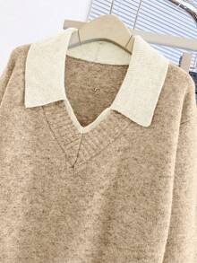 Franclia V-Neck 2 In 1 Long Sleeve Sweater, Autumn/Winter - Camel - View 8