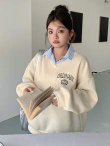 Dazy Plus Contrast Color Patchwork Shirt Collar Casual Letter Graphic Plus Size Sweatshirt For Women, Thermal Lined, Autumn/Winter - Apricot - View 5