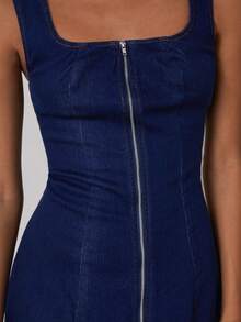 COSMINA 女式优雅无袖长款牛仔连衣裙，正面带拉链，侧开衩，四季皆宜 - 藍色 - 查看 7