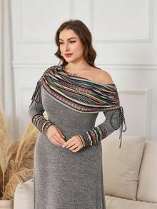 Lacomfia Plus Size Women's Oblique Shoulder Ruched Long Sleeve Colorful Striped Patchwork A-Line Dress - Multicolor - View 5