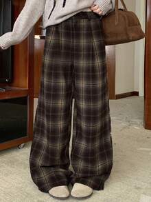 DAZY 女士休闲宽松拼色格子直筒裤，适合秋冬季、街头风格、新年、圣诞节 - 紅色 - 查看 3