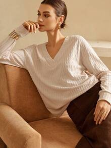 SHEIN Unity Lymera Women's White Casual Elegant V-Neck Long Sleeve Textured Knit T-Shirt Tops, Versatile For Everyday Wear, Summer Autumn/Winter For Party Going Out New Year Christmas Thanksgiving Work Office Commuting Occasion - Apricot - View 6