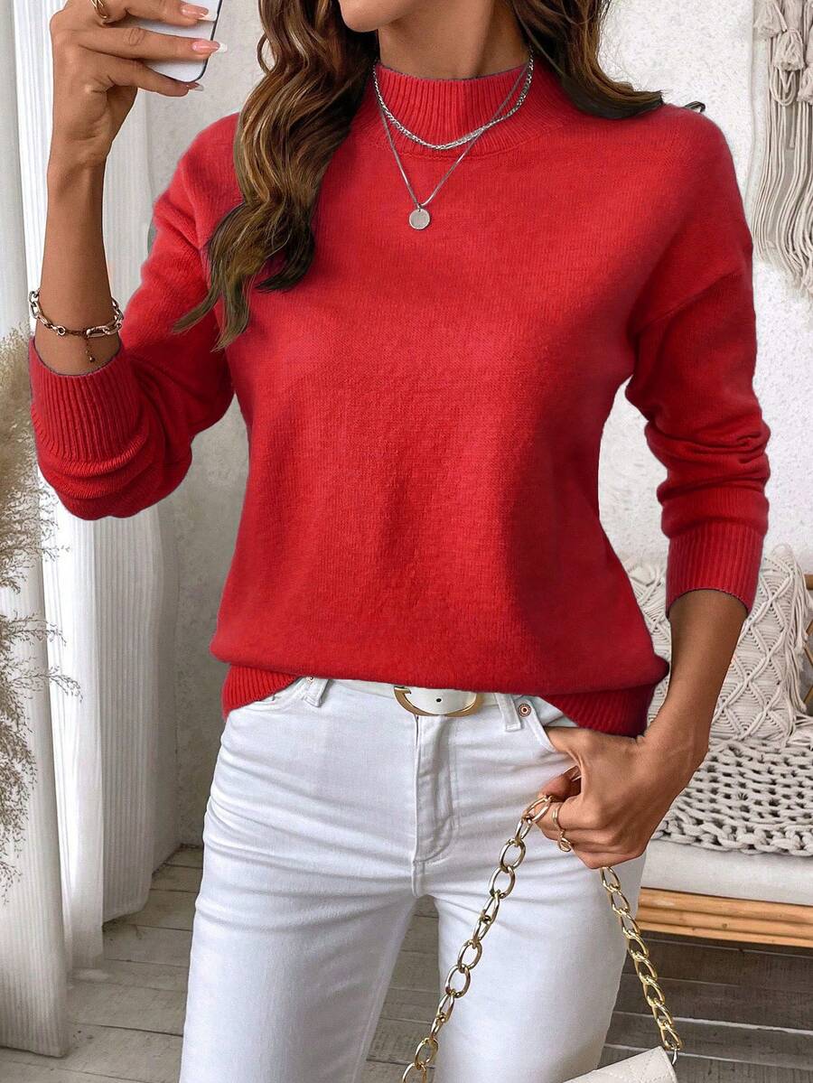 EMERY ROSE 大码女式休闲纯色圆领长袖毛衣 - 玫瑰紅 - 查看 1