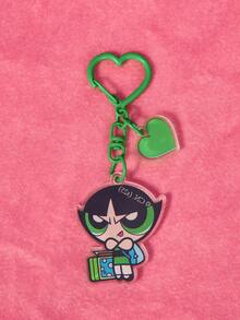 THE POWERPUFF GIRLS X SHEIN Fashionable Cute Letter & Bubbles Pattern Keychain - Olive Green - View 3