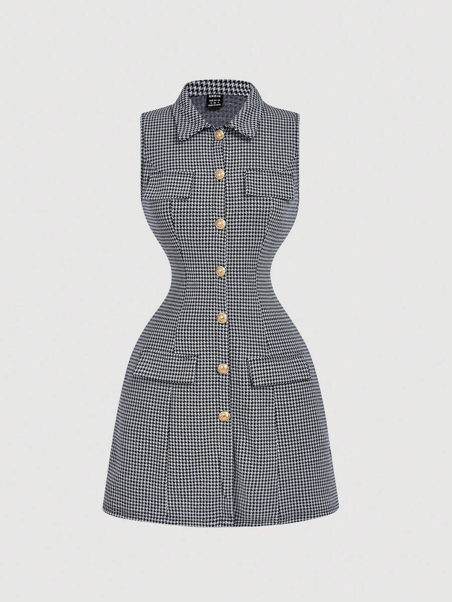 SHEIN MOD Houndstooth Collar Sleeveless Women Mini Dress - Navy Blue - View 1