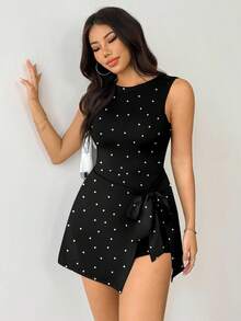SHEIN EZwear 女式休闲露背紧身复古波尔卡圆点印花连体裤 - 彩色 - 查看 7