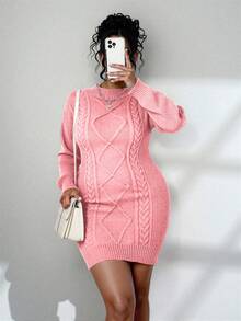 Elenzga Plus Size Solid Color Round Neck Drop Shoulder Long Sleeve Fitted Fashionable Knit Sweater Dress - Pink - View 4