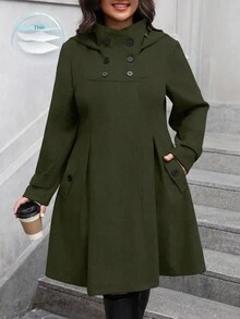 SHEIN Clasi 大码女式纯色双排扣长袖口袋优雅羊毛大衣，秋冬 - 橄欖綠 - 查看 1