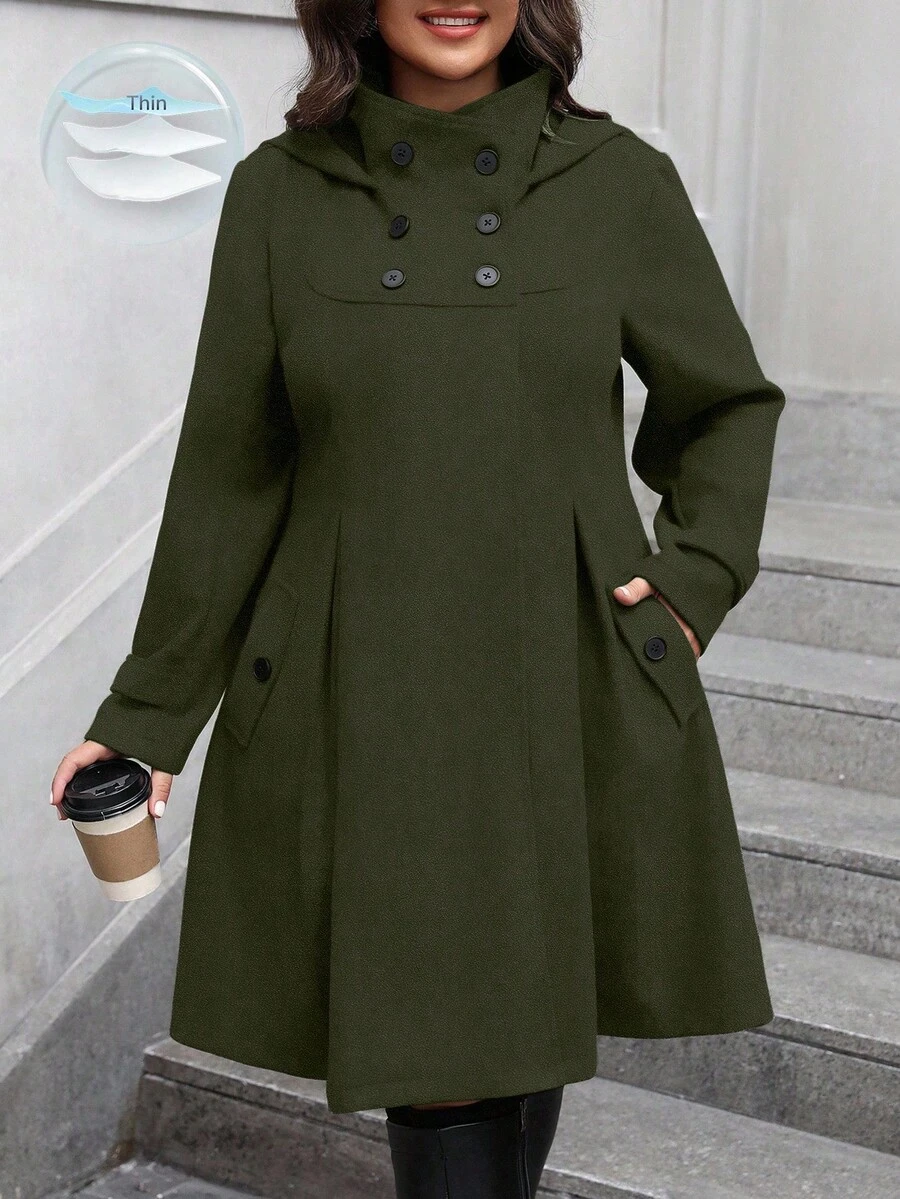 SHEIN Clasi 大码女式纯色双排扣长袖口袋优雅羊毛大衣，秋冬 - 橄欖綠 - 查看 1