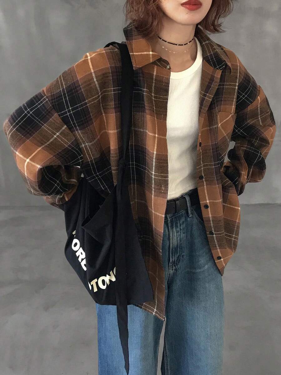 FRIFUL 女式休闲复古格子前扣宽松长袖衬衫，秋季 - 橘色 - 查看 1