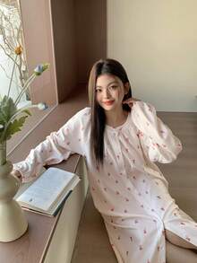 Dazy Plus Plus Size Women's Cute Tulip Loose Long Nightgown, Comfortable Sleepwear, Winter, Moo Moo Night Dress