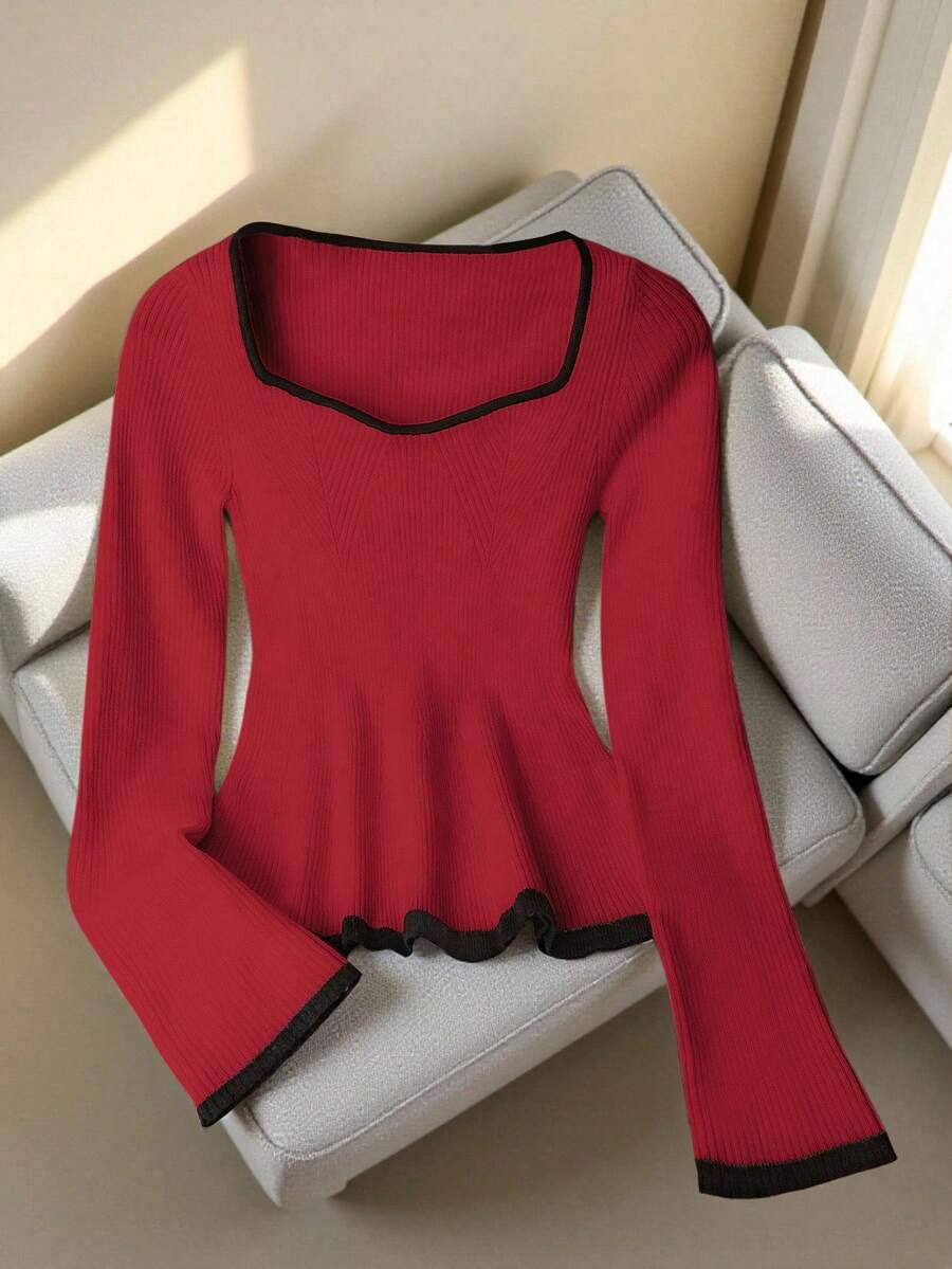 Franclia Pull tricoté à manches longues, col carré élégant, ajusté et extensible. Avec bordure contrastée. Convient pour la rentrée, le port décontracté, ourlet à volants. Automne/Hiver