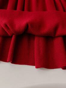 Souflis Souflis 小女孩粉色蝴蝶结针织毛衣裙，可爱荷叶边圆领长袖针织连衣裙 - 酒紅色 - 查看 6