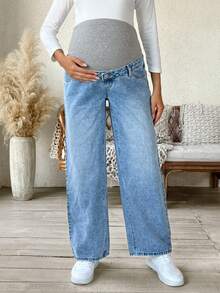 SHEIN 可调节腰部宽松孕妇休闲牛仔裤 - 淺色水洗藍 - 查看 4