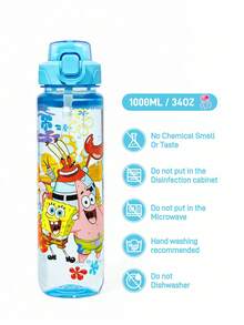SpongeBob SquarePants | SHEIN 34 Oz / 1000 Ml TRITAN Water Bottle, With A Handle For Easy Carrying, Leak-Proof, Suitable For Travel, Tourism, School, Gym