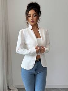 SHEIN Elenzya 女式白色条纹格子纹理针织面料立领长袖优雅套头衫，适合感恩节、万圣节、街头风格、秋冬 - 白色 - 查看 3