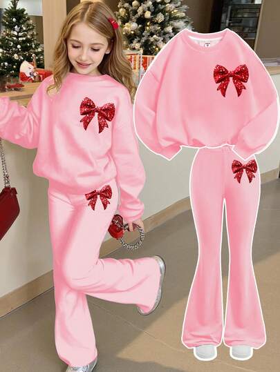 SHEIN Set de 2 piezas: Sudadera de cuello redondo de manga larga con estampado de lazos y pantalones acampanados, estilo casual y holgado, adecuado para otoño/invierno, para niñas jóvenes