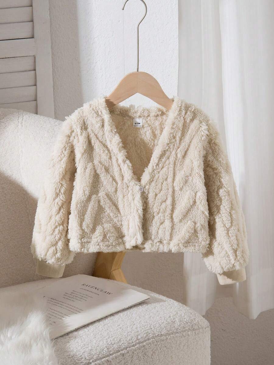 女婴休闲百搭家居服、户外、纹理条纹羊毛开衫夹克、秋冬 - 杏色 - 查看 1