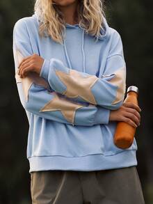 WanderVale 女式秋季连帽抽绳宽松休闲拼布星星图案长袖运动衫 - 淺藍色 - 查看 6