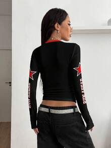 Coolane 女士 Y2K 街头风抹胸 V 领 T 恤。23 号，针织衫，赛车服，街头风，复古，暗黑哥特式翅膀爱心图案，返校季，复古风，秋季，女士休闲，秋冬，嘻哈，风格核心美学。哥特式赛博朋克，辣妹，朋克 - 彩色 - 查看 3